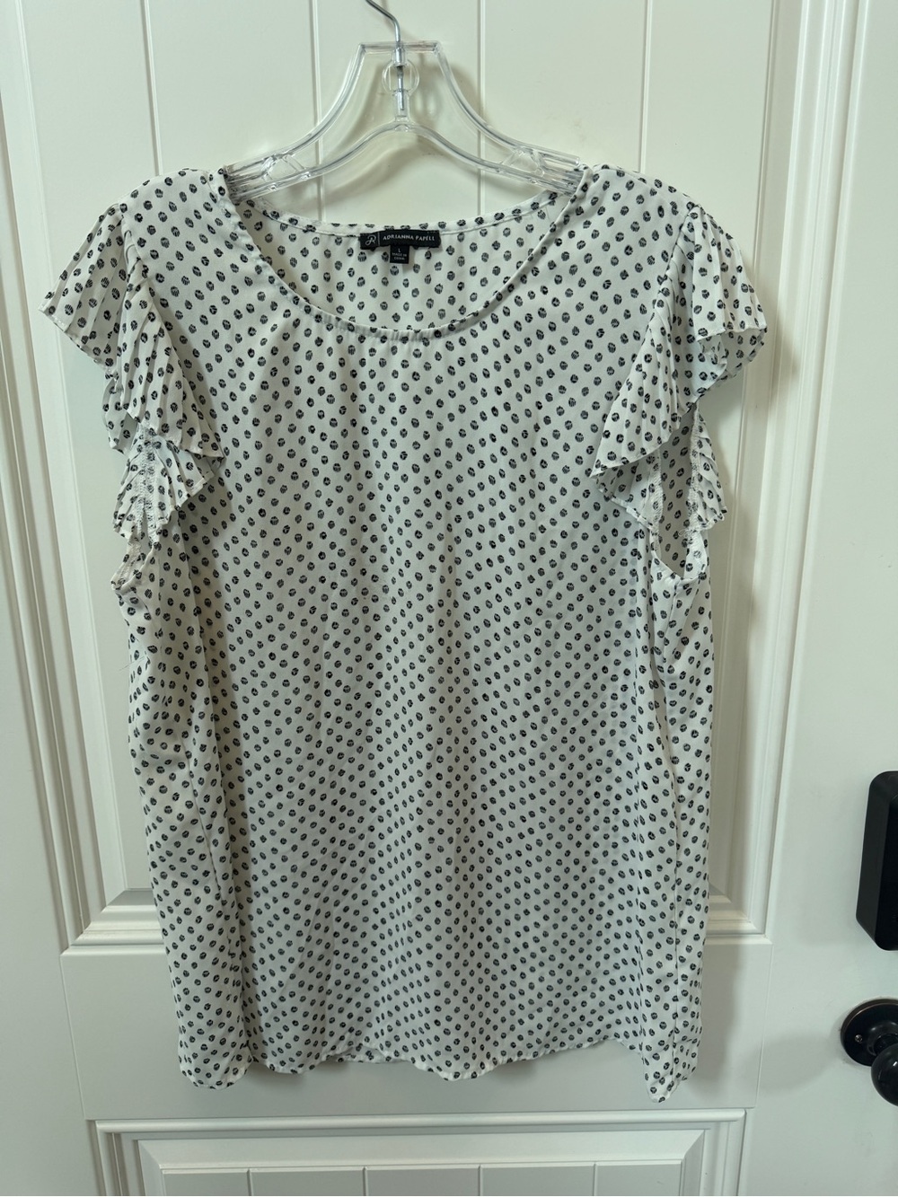 Adrianna Papell White Blouse with Black Polka Dots and Ruffle Sleeves